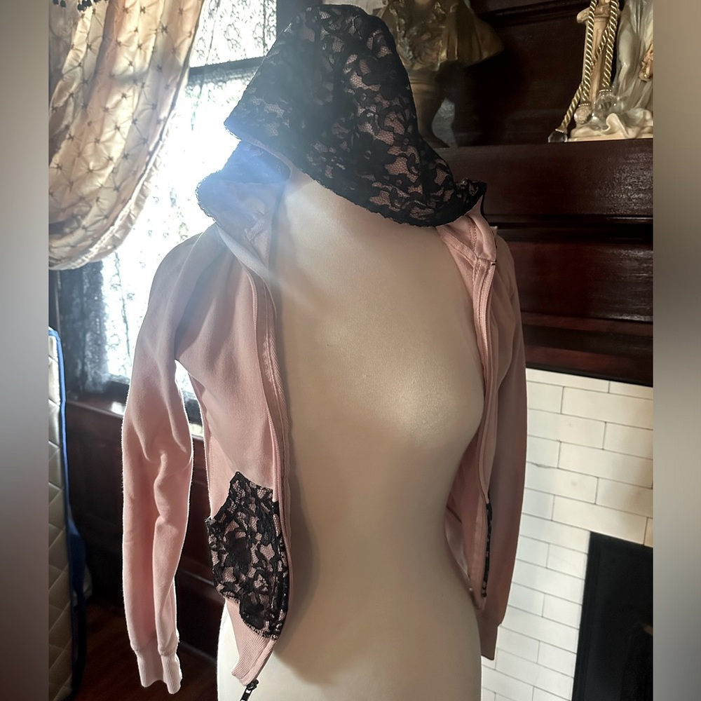 Self Esteem XS hoodie zip up pink jacket black lace accents